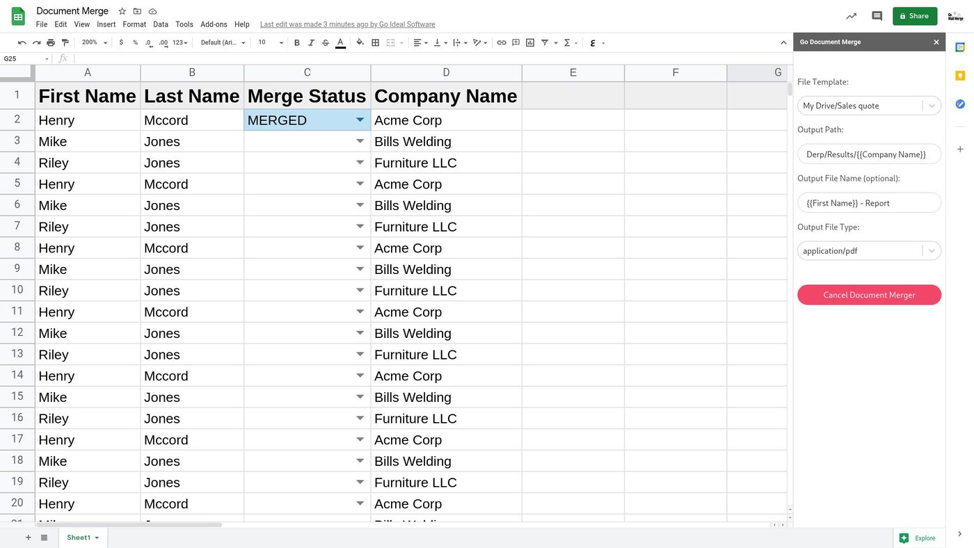 Go Document Merge in Google Sheets. Merge Status column and a sidebar with template, Drive output path, and PDF output. Product still from godocumentmerge.com.