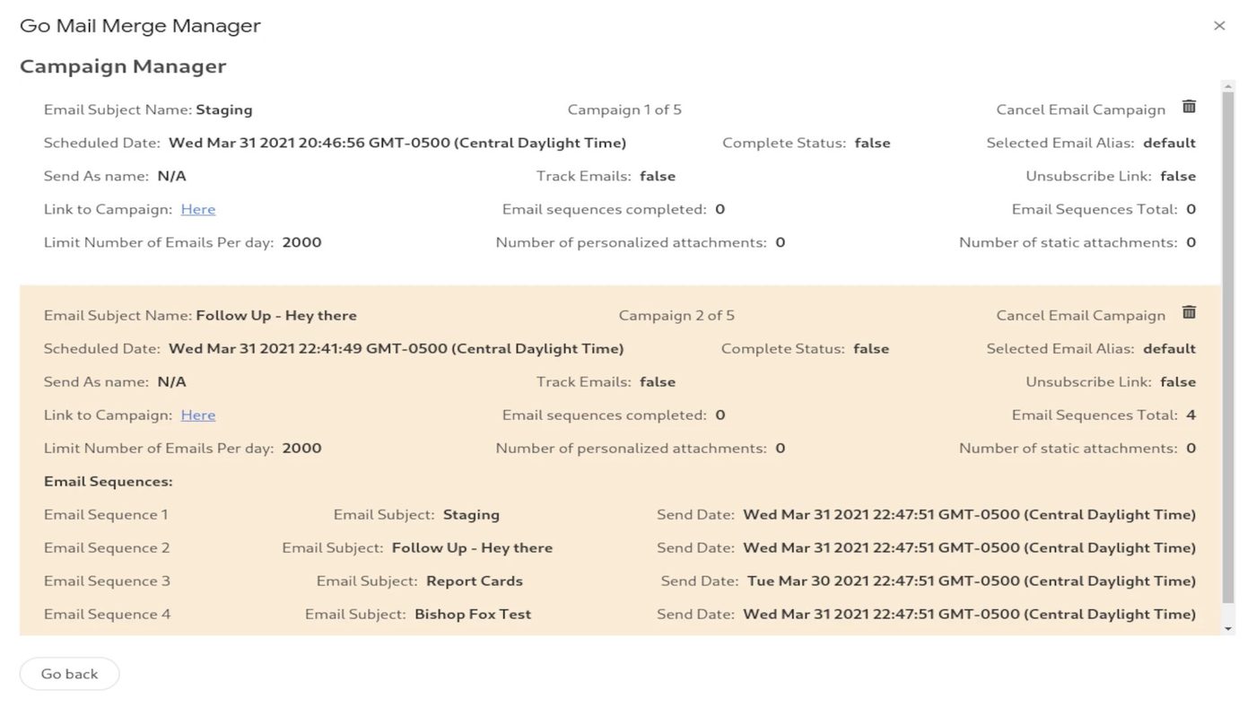 Go Mail Merge Campaign Manager. Two scheduled campaigns, four follow-up sequences, and send limits. Product still from gomailmerge.com.