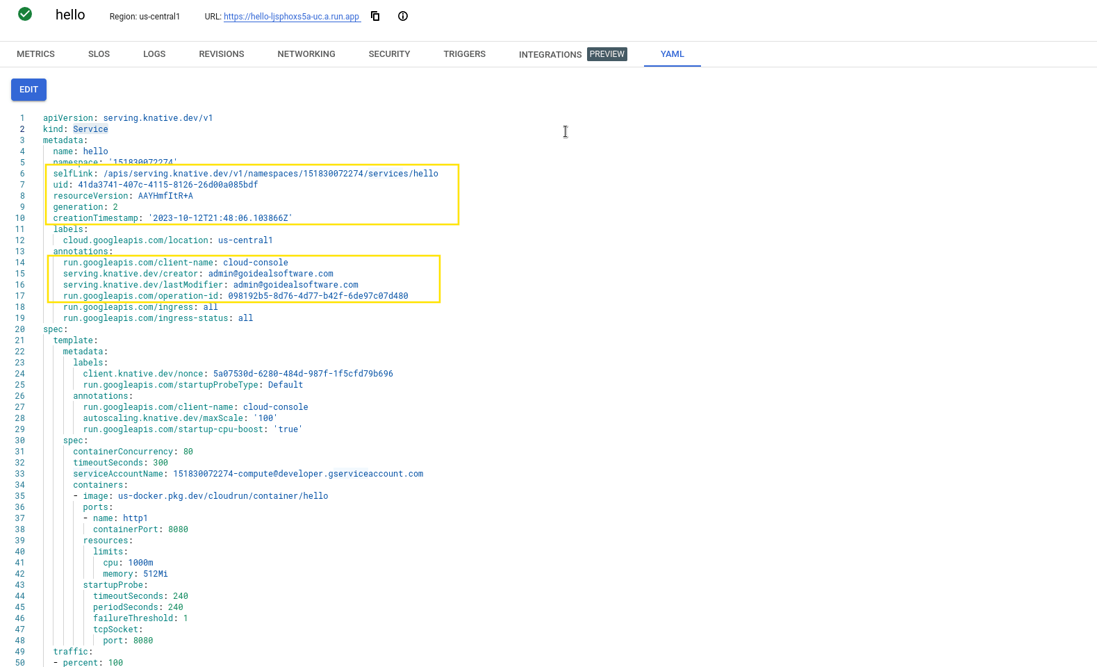 Google Cloud Console Edit YAML file